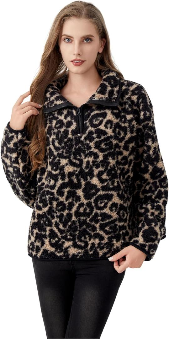 Fashion Women's Sherpa Pullover, Fleece Stand Collar Jacket with Animal Geometric Print, Cozy Winter Outerwear (Black Leopard) Medium