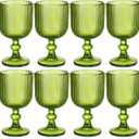Green Glass Goblets Set of 8, 13 oz Vintage Goblet Glassware Decorative Wine Glasses, Cute Water Drinking Cups, Vertical Line Embossed Pattern Drinkware Cocktail Set for Xmas Gifts