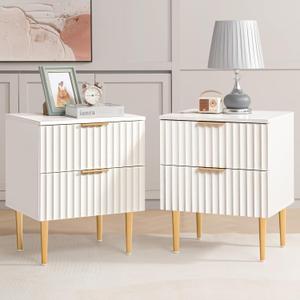 SICOTAS White Night Stand Set 2, Wide Fluted Nightstand with 2 Drawers, Modern Glossy Storage Bedside Table for Bedroom, End Side Table with Golden Metal Legs and Handles（2, White）
