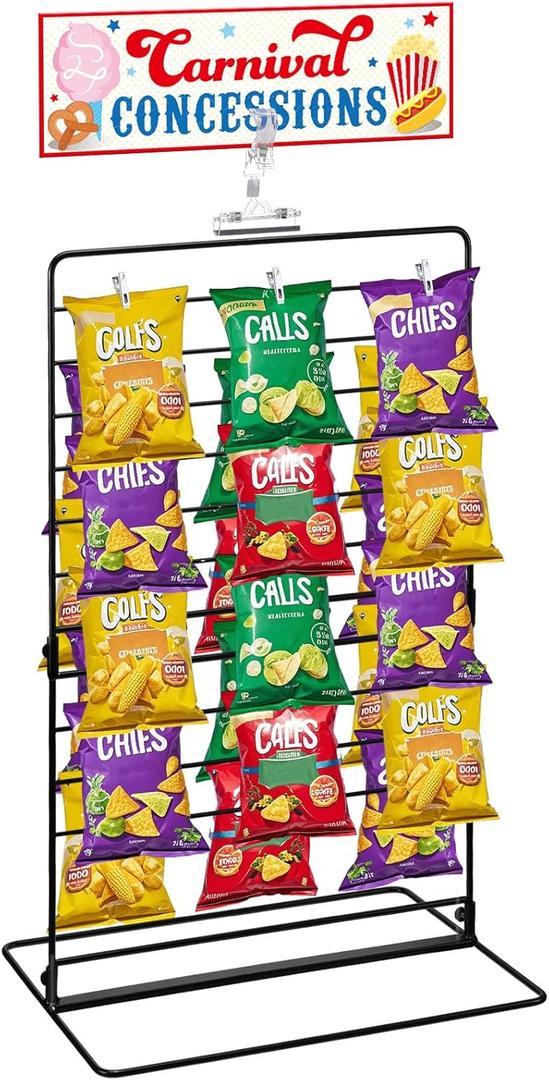 Geelin Carnival Party Potato Chip Rack Table Decor Concessions Sign and Display Stand with 60 Clips Countertop Snack Holder for Bags Metal Storage Candy Rack Christmas for Birthday Party