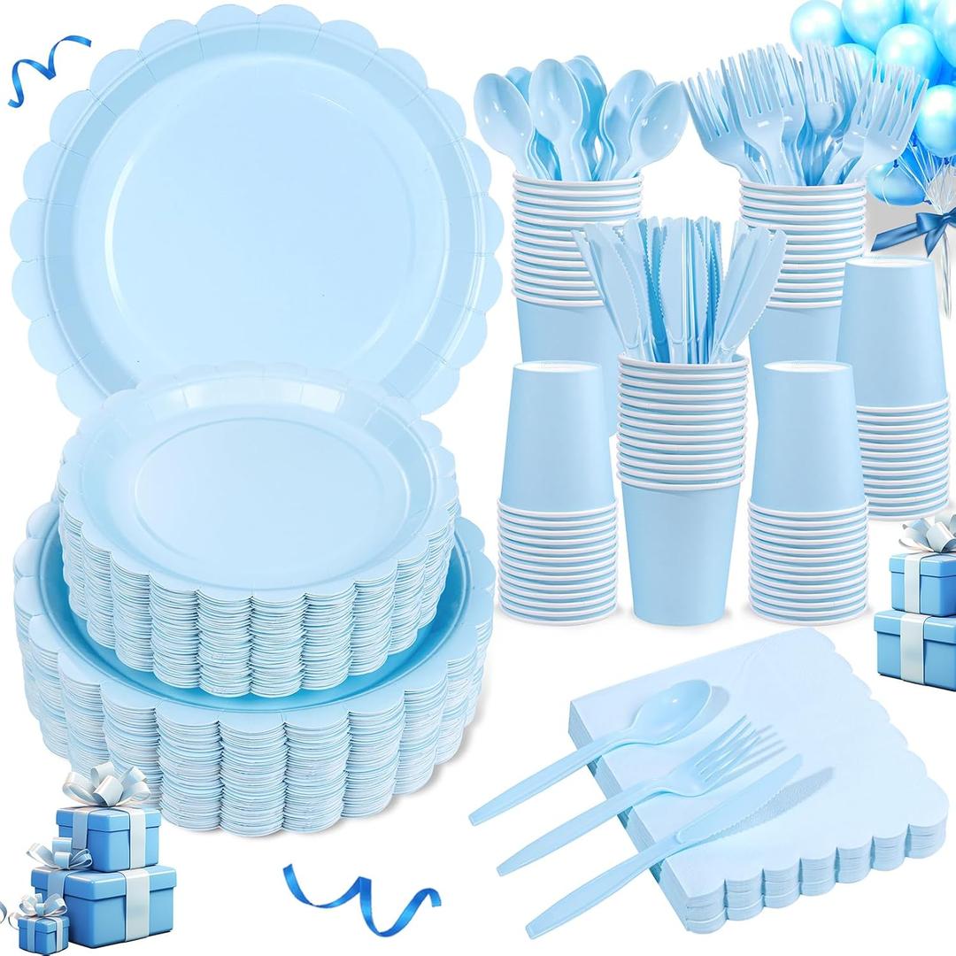 LIYH 350 Pcs Light Blue Paper Plates and Napkins 50 Guest Blue Party Supplies Include Scalloped Paper Plates Cocktail Napkins Cups Spoons Forks Knives for Baby Shower,Birthday
