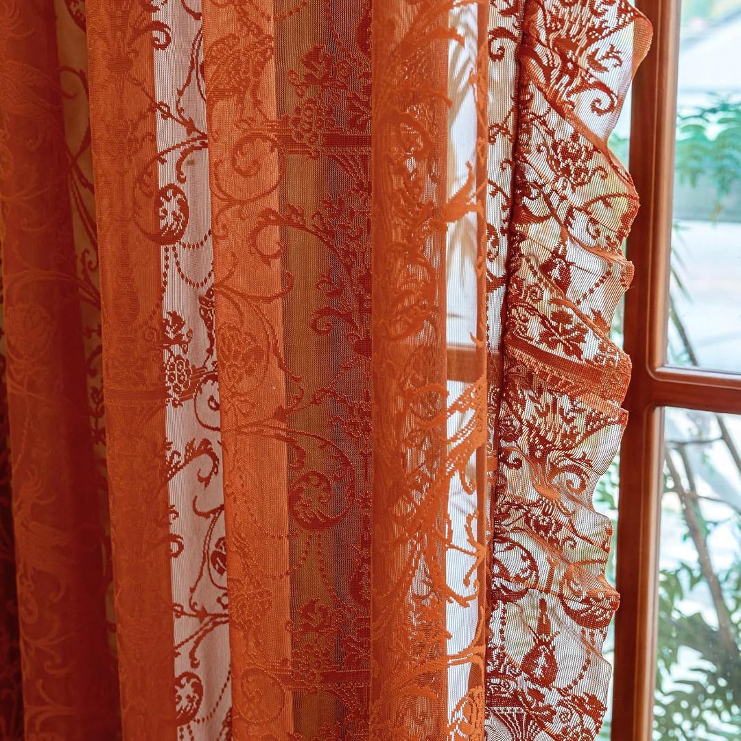 TUDECO Burnt Orange Lace Curtains for Living Room 2 Panels - Vibrant Floral Branch Ruffle Sheer Terracotta Curtains, Boho Rod Pocket Bright Privacy Autumn Window Treatments, 59W x 84L, Terracotta