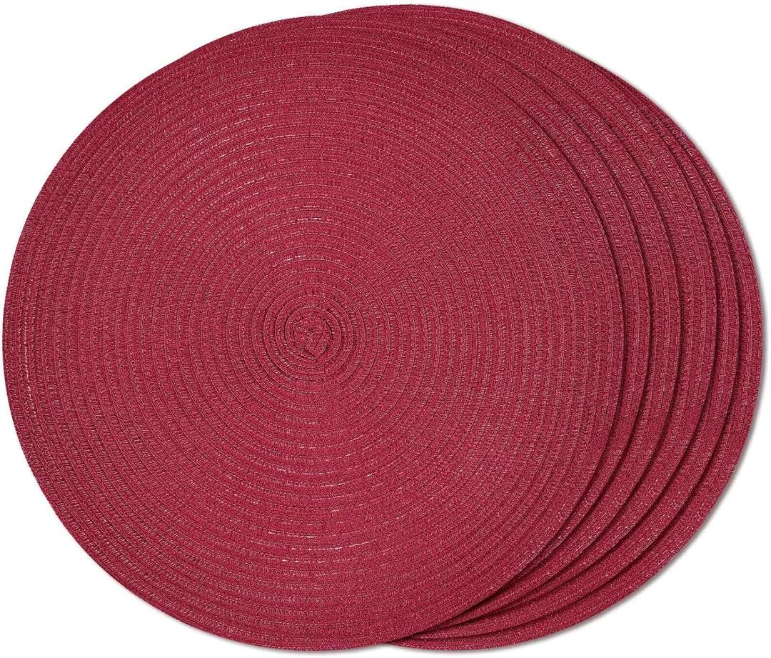 FunWheat Round Braided Placemats Set of 6 Place mats for Dining Tables Woven Heat Resistant Table Mats 15 inch (Wine)