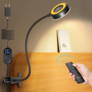 Glocusent 72 LED Clip on Lamp with Remote, Reading Light with Amer Ring Night Light, 3 Colors & 5 Dimmable Desk Lamp with Clamp, Auto-Off Timer for Night Reading, Bed Light for Headboard/Dorm/Bunk (Black)