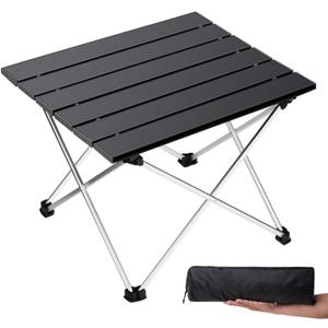 Grope Small Folding Camping Table with Aluminum Table Top, Beach Table for Sand with Carrying Bag, Perfect for Outdoor, Picnic, BBQ, Cooking, Festival (Large, Black)