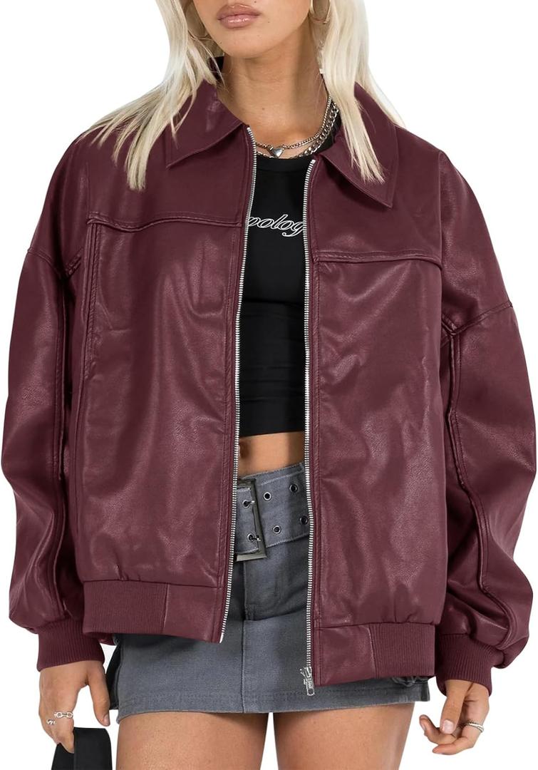 Tankaneo Womens Faux Leather Jackets Oversized Bomber Casual Fall Fashion Zip Up Moto Biker Coats (Small, Burgundy)