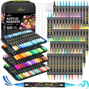 WINSONS 120 Colors Acrylic Paint Markers, Permanent Dual-Tip Acrylic Markers Set, Soft Brush Tip Paint Pens for Rock Painting, Canvas, Glass, Wood, Ceramic, DIY Craft Art Supplies, Set of 60