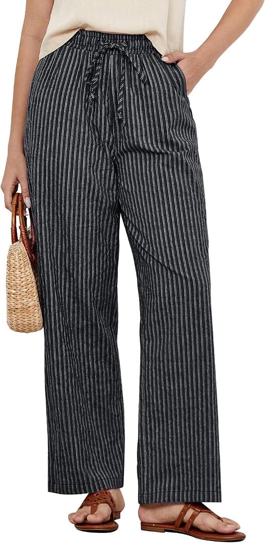 GRAPENT Womens Plus Size Pants Black Linen Pants Women Black and White Striped Cotton Pull on Women Linen Size 18 White Stripe X-Large US 16 to 18
