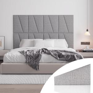 Peel and Stick Headboard for Queen Bed Linen Fabric Upholstered Wall Mounted Headboard - Wall Padding Panel in Light Grey for Bedroom/Living Room/Dorm (6 Panels)