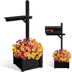 Colingmill 55 Inch/4.58 ft H Wooden Mailbox Post with Planter Box for Outside Decorative Post Flower Box(Not Included Mailbox)(Black)