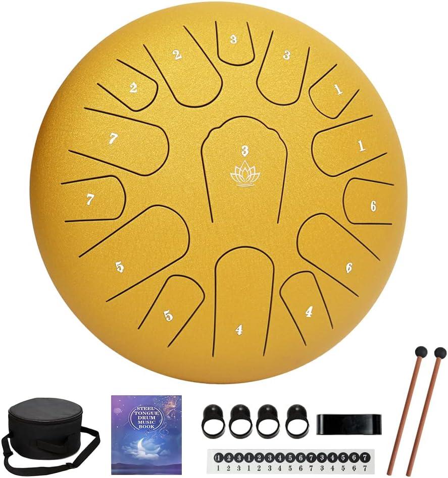 Rain Drum for Outside Garden,Steel Tongue Drum 12 Inches 15 Notes Musical Instruments, Handpan Drum Percussion Instrument, with Soft Bag, Music Book, 2 Mallets, for Meditation or Yoga(Yellow)