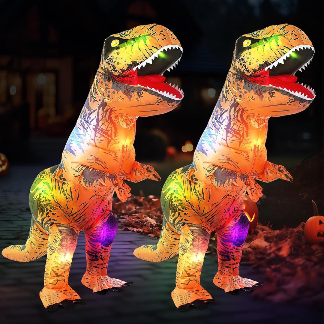 2 Sets Inflatable Dinosaur Costume for Adults with LED Lights, 7.2ft Blow up Dinosaur Costume Adult, For Themed Party and Halloween, Includes Fan and Battery Boxes