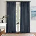 Navy Blue Pleated Linen Curtains 96 Inches Long for Living Room 2 Panel Set Semi Sheer Light Filtering Pinch Pleat with Rings Hooks Drapes Boho Farmhouse Dark Blue Indigo Curtain Bedroom Window, 40"W x 96"L
