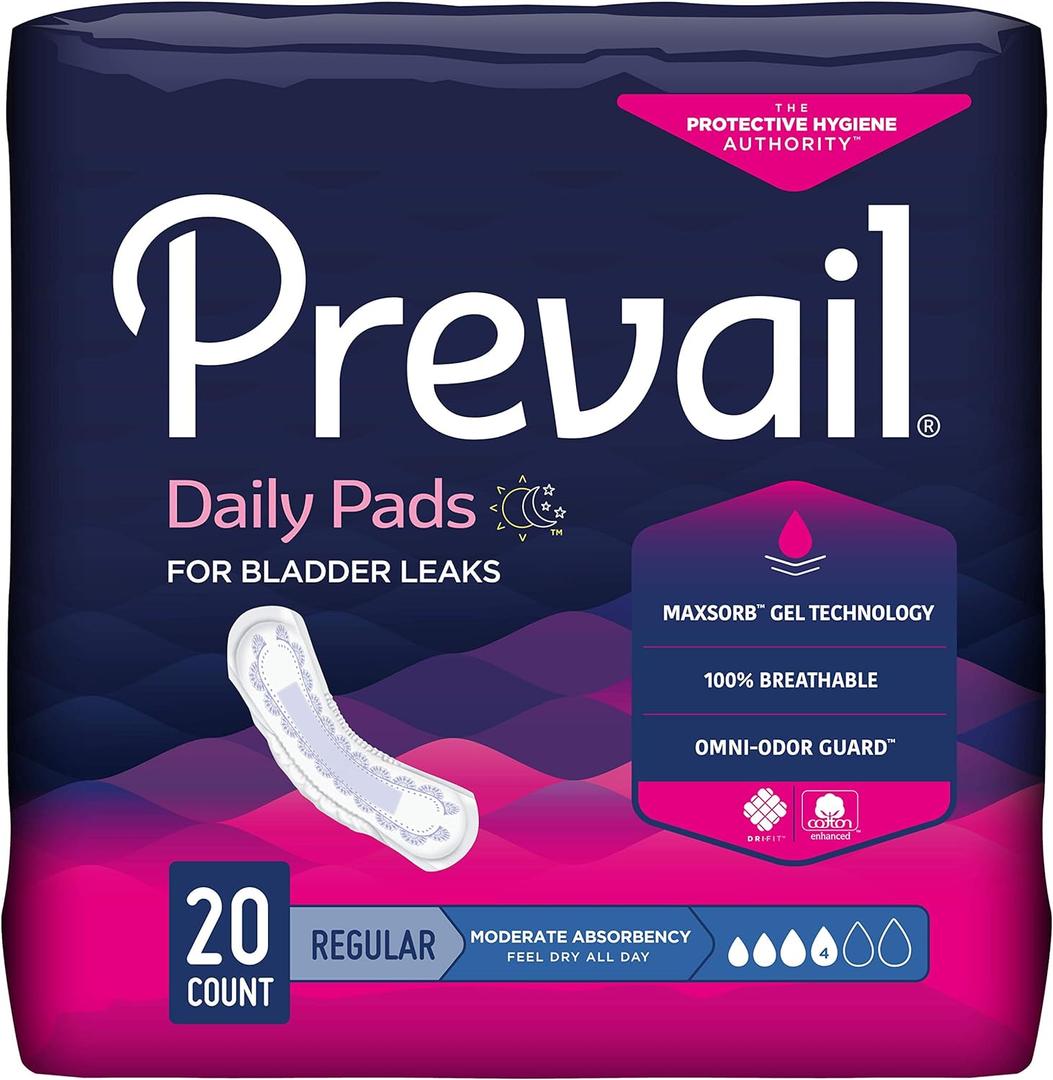 Prevail Incontinence Bladder Control Pads for Women, Moderate Absorbency, Regular Length, 180 Count (packaging may vary) (20 Count (Pack of 9))