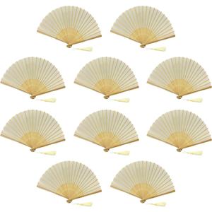 FANSOF.FANS Pack of 10 Fabric Handheld Fan with a Tassel Grade A Bamboo Ribs Party wedding Favour (Ivory Beige)