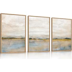 HLNIUC Large Abstract 3 Piece Wall Art 24x36, Neutral Distant Mountain Wall Decor, Watercolor Beige Dusty Nature Landscape Painting, Modern Pastel Scenery Art Prints for Living Room, Bedroom, Office