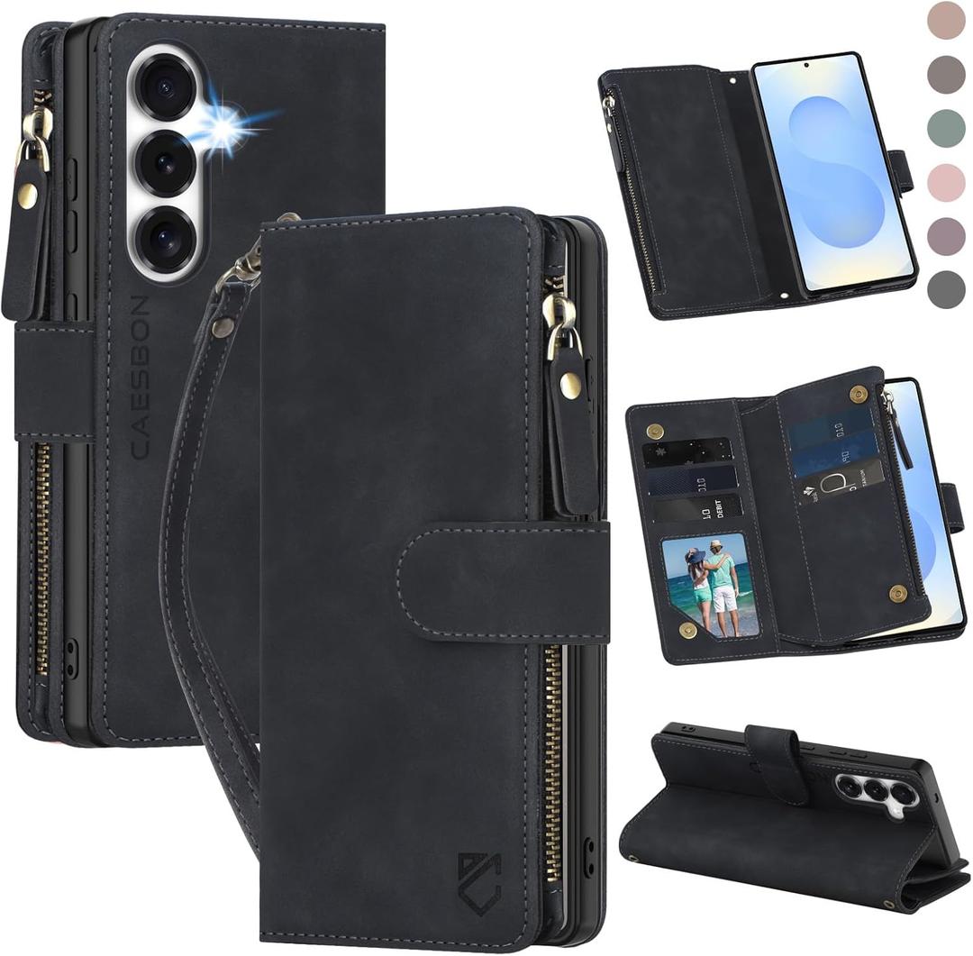 for Samsung Galaxy S25-Wallet Case: for Galaxy S24 Case with RFID Blocking Card Slots (6 Cards) | Soft PU Leather Magnetic Snap Zipper Pocket | Wrist Strap Protective Phone Cover - Black