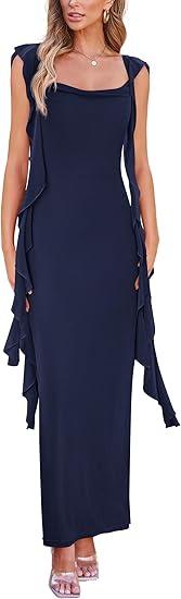 PRETTYGARDEN Women's 2025 Summer Wedding Guest Dress Sleeveless Ruffle Formal Cocktail Party Maxi Bodycon Dresses, Size: S