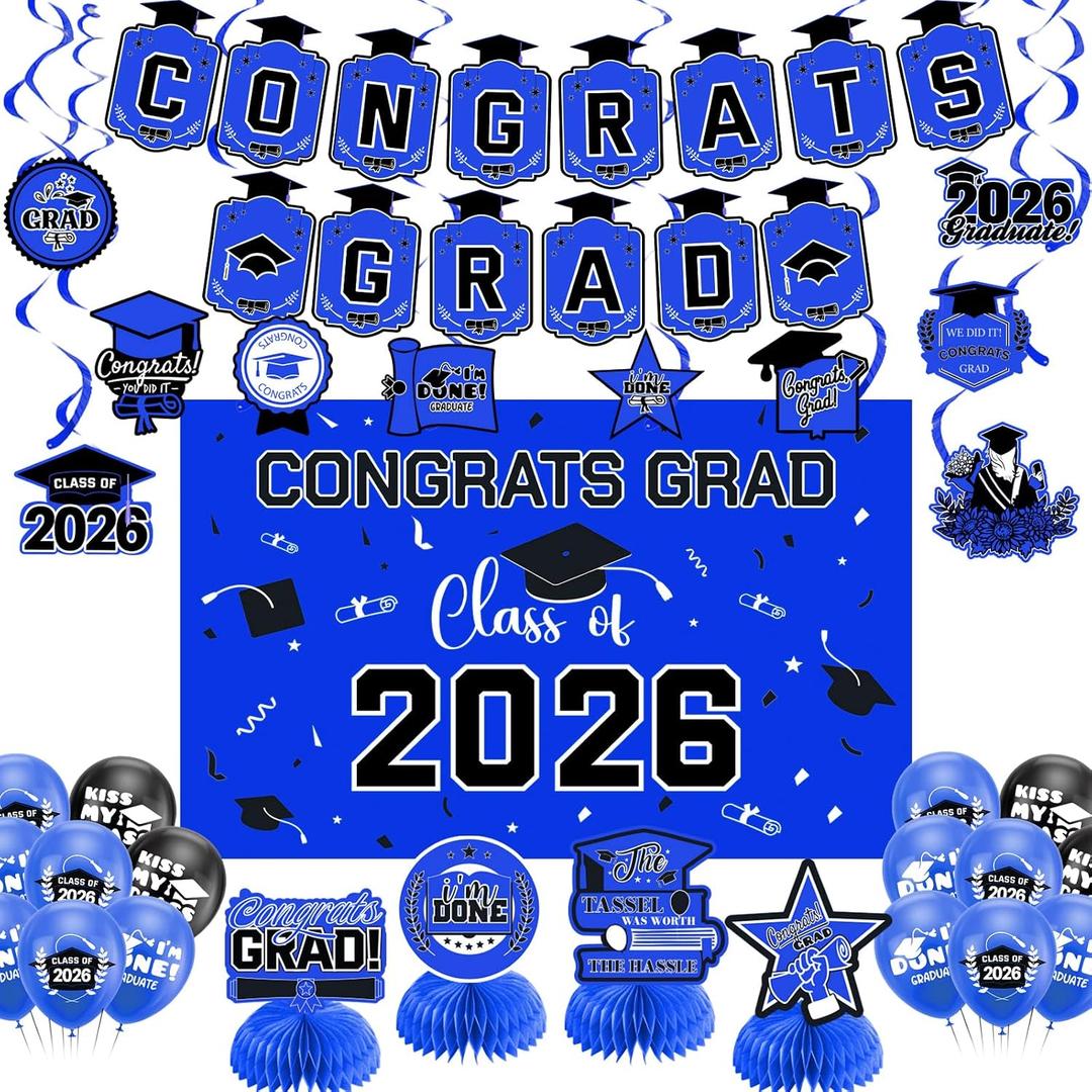 Graduation Decorations 2026 Blue Themed Set - Congrats Grad Banner, Class of 2026 Backdrop, Balloons & Streamers Kit - Complete Party Supplies for High School & College Celebrations