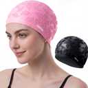 Women Swim Cap 2 Pack for Long Hair, Silicone Flower Adult Swiming Caps Waterproof for Girl Youth No Wet Hair