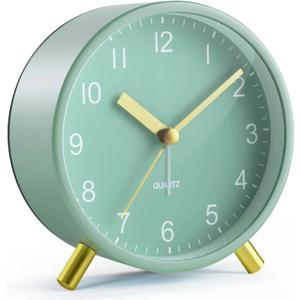 Analog Alarm Clock, Super Silent Non Ticking with Night Light, Battery Operated, Bedroom Clock,Fashionable Round Metal Alarm Clock for Office, Elderly, Adults, Children, School Gift (Green)