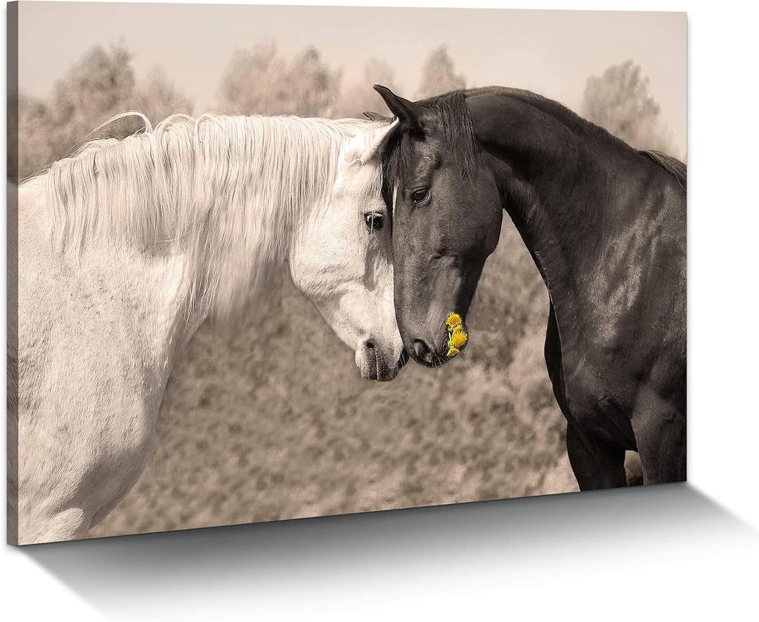 Ranch Horse Canvas Wall Art: Black and White Equines Friendly Painting Lovely Wild Animal Head Prints Country Wildlife Portrait Picture Modern Horizontal Steeds Artwork for Bedroom Office, 24"L x 16"W