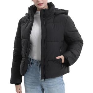 PUFFIT Women's Cropped Puffer Jackets,Warm Winter Jacket with Removable Hood,Zipped Pockets,Short Ladies Quilted Coat, Black, L