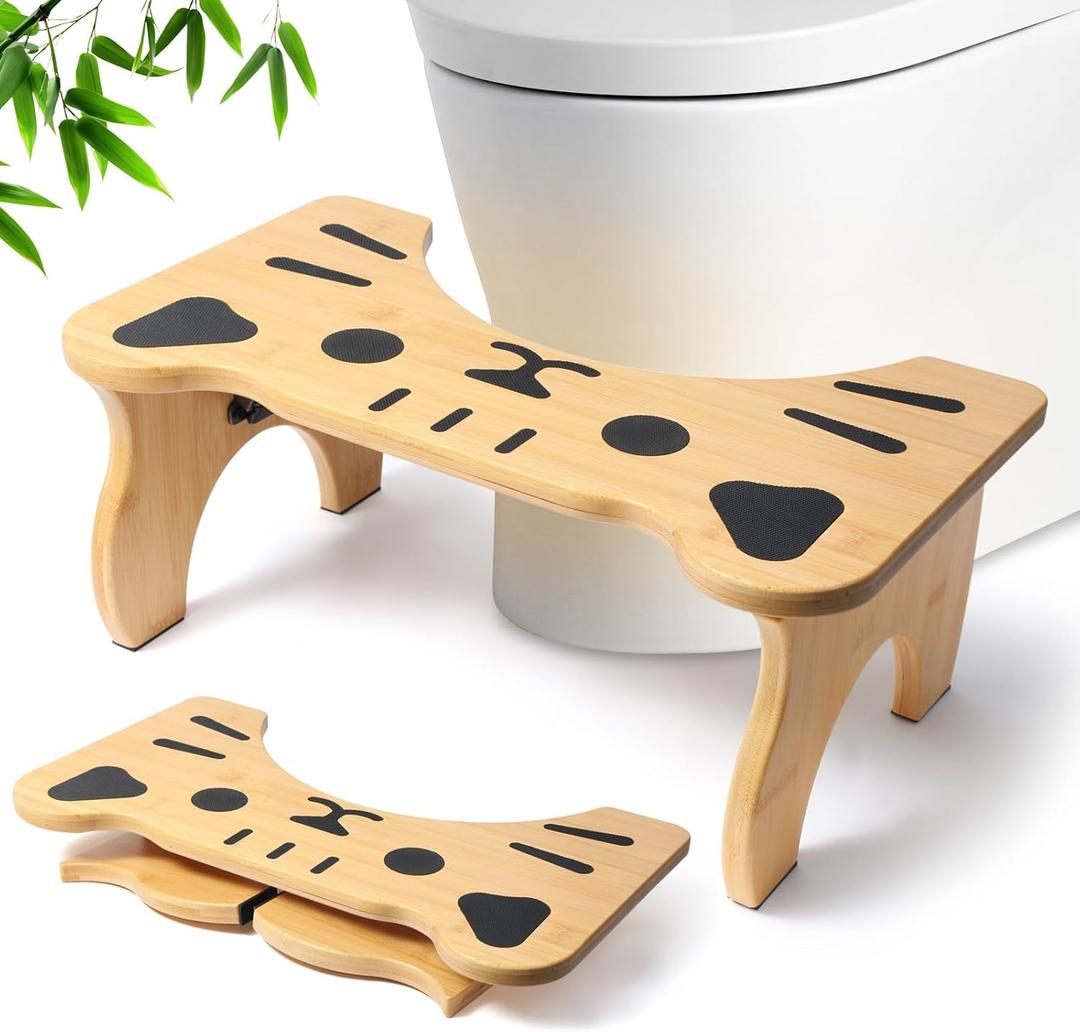 Bamboo Toilet Stool Foldable, 7 in Poop Stool for Bathroom, Portable Squatting Potty Stool for Adults & Kids, Non-Slip Toilet Foot Pooping Steps, No Assembly Required (Standard)