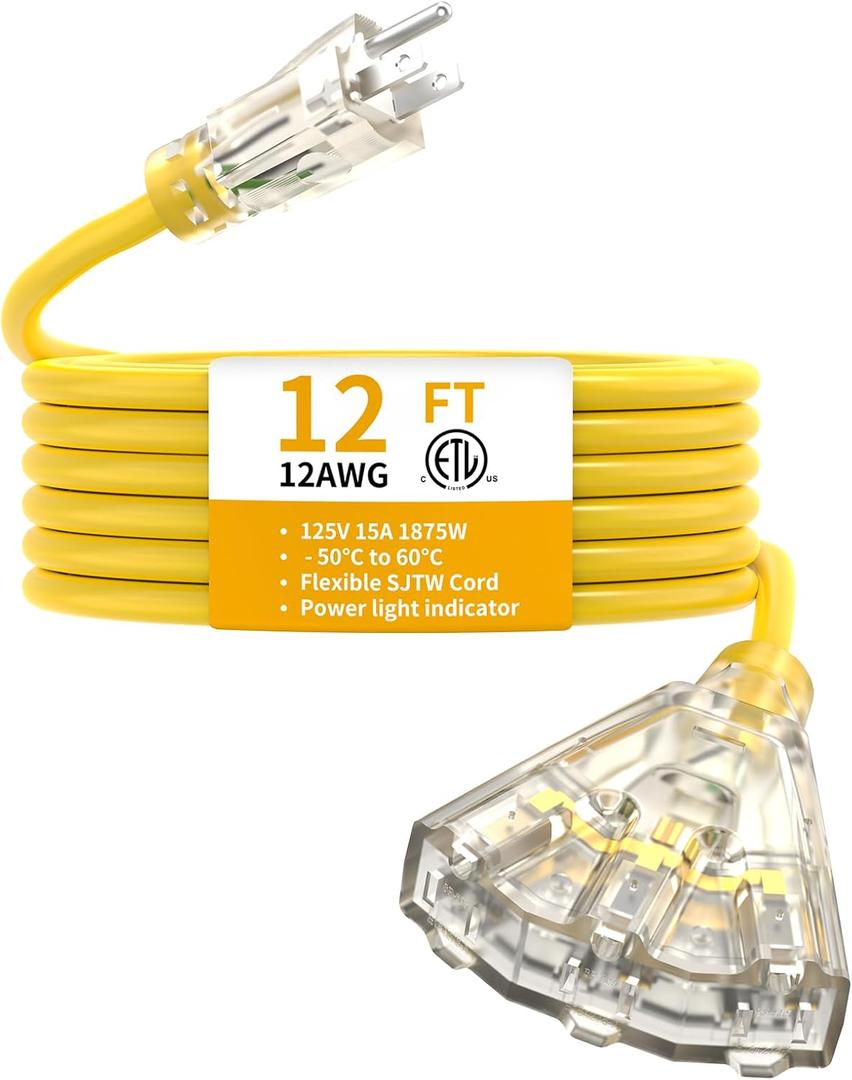 12FT 12 Gauge Heavy Duty Outdoor Extension Cord Waterproof with 3 Outlets Splitter & Lighted End, SJTW 15A 1875W 3 Prong Weatherproof Electric Cable Multi-Plug 3 way Power Cord, ETL Listed for Outside, Yellow
