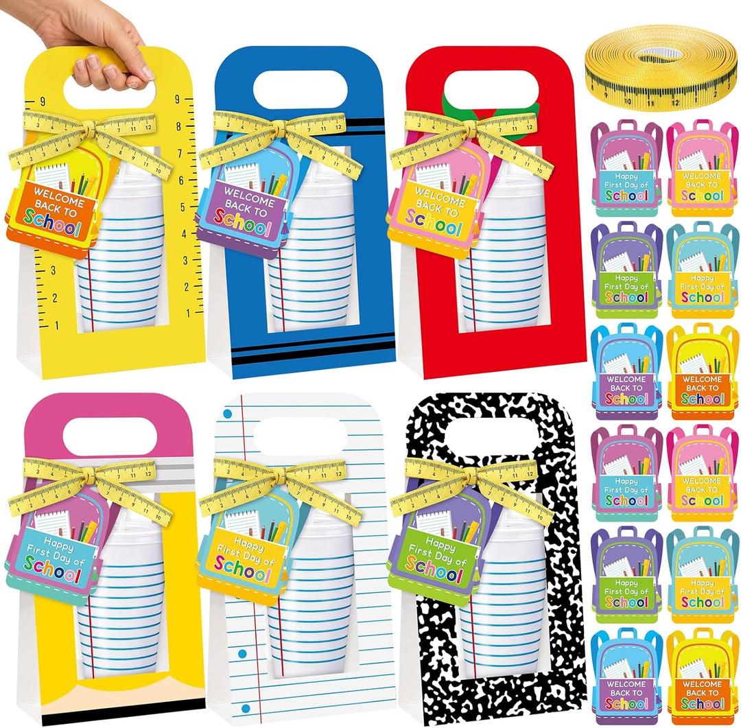 12PCS Back to School Gifts Cup Drink Carrier Holders with Greeting Cards Pencil Apple Composition Book Themed Back to School Portable Cup Sleeves For Teacher Appreciation Gifts Classroom Party Favors