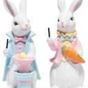 Hodao Easter Bunny Figurines Set of 2-6.5" Resin Magician Rabbit Decor Pulling Egg from Magic Hat & Holding Carrot, Whimsical Spring Tabletop Centerpiece for Home Mantel Shelf