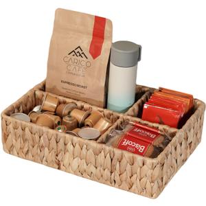 PINXIURY Water Hyacinth tea bag holder, Coffee pod Storage Baskets with Dividers, Woven Coffee and Tea Wicker Organizer, Home Storage, for Bathroom, Living Room, Office, Pantry Room, Kichen Island