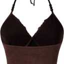 SOLY HUX Women's Lace Trim Floral Embroidery Cami Crop Tops Tie Backless Halter Top (Brown, XS)