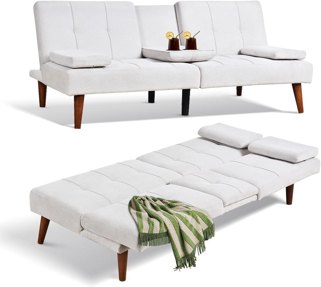 COLAMY Futon Sofa Bed - Fabric Small Couch, Convertible with Cup Holder, Removable Armrest, Adjustable Backrest - Beige