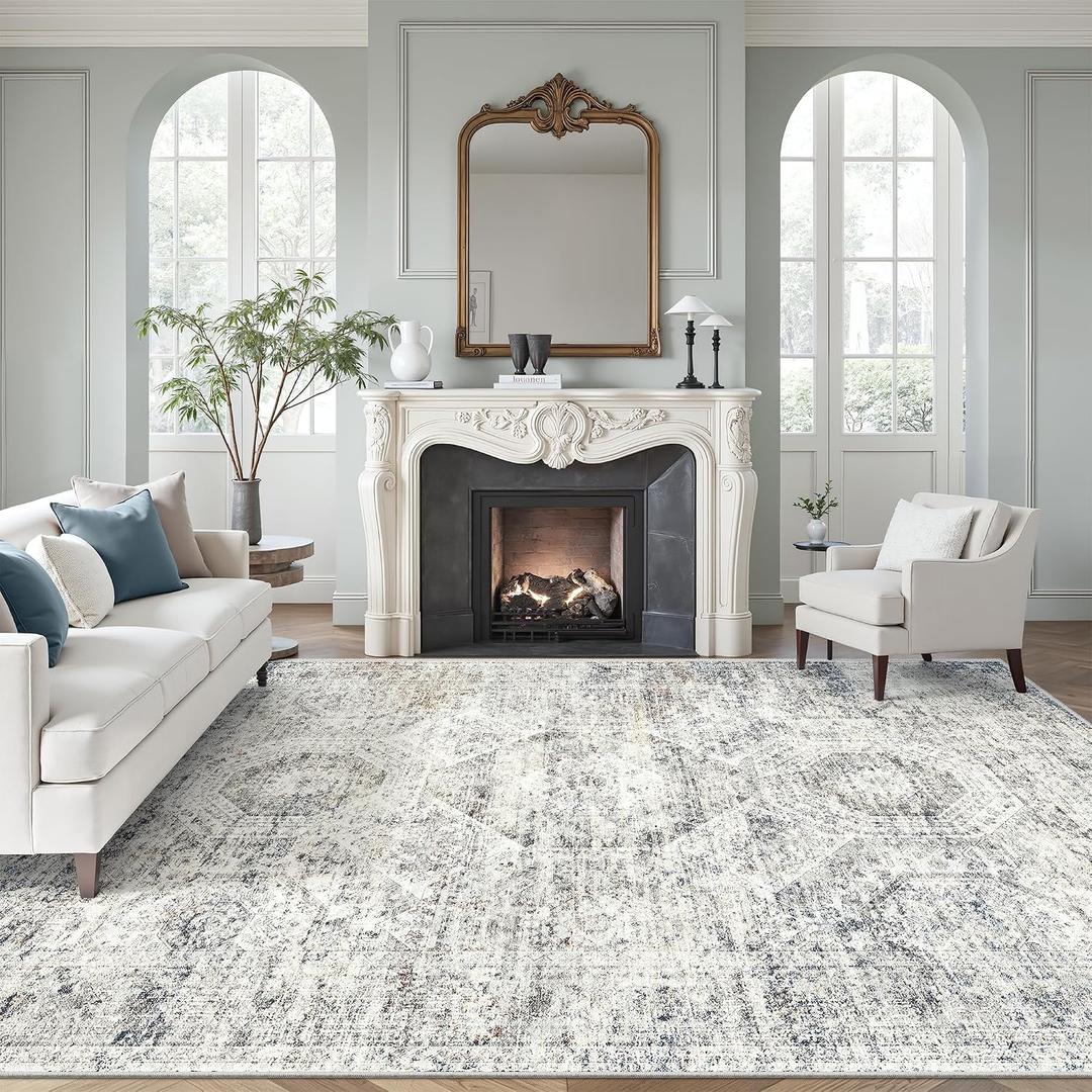 Soalmost Washable Area Rug 8x10, Large Soft Rugs for Living Room Vintage 8x10 Area Rugs for Bedroom Dining Room Non-Slip Stain Resistant Under Table Blue Ivory Rug