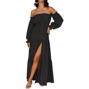 ZESICA Women's Boho Off Shoulder Wedding Guest Dress 2026 Spring Summer Side Split Flowy A Line Long Maxi Dresses (Black, L)