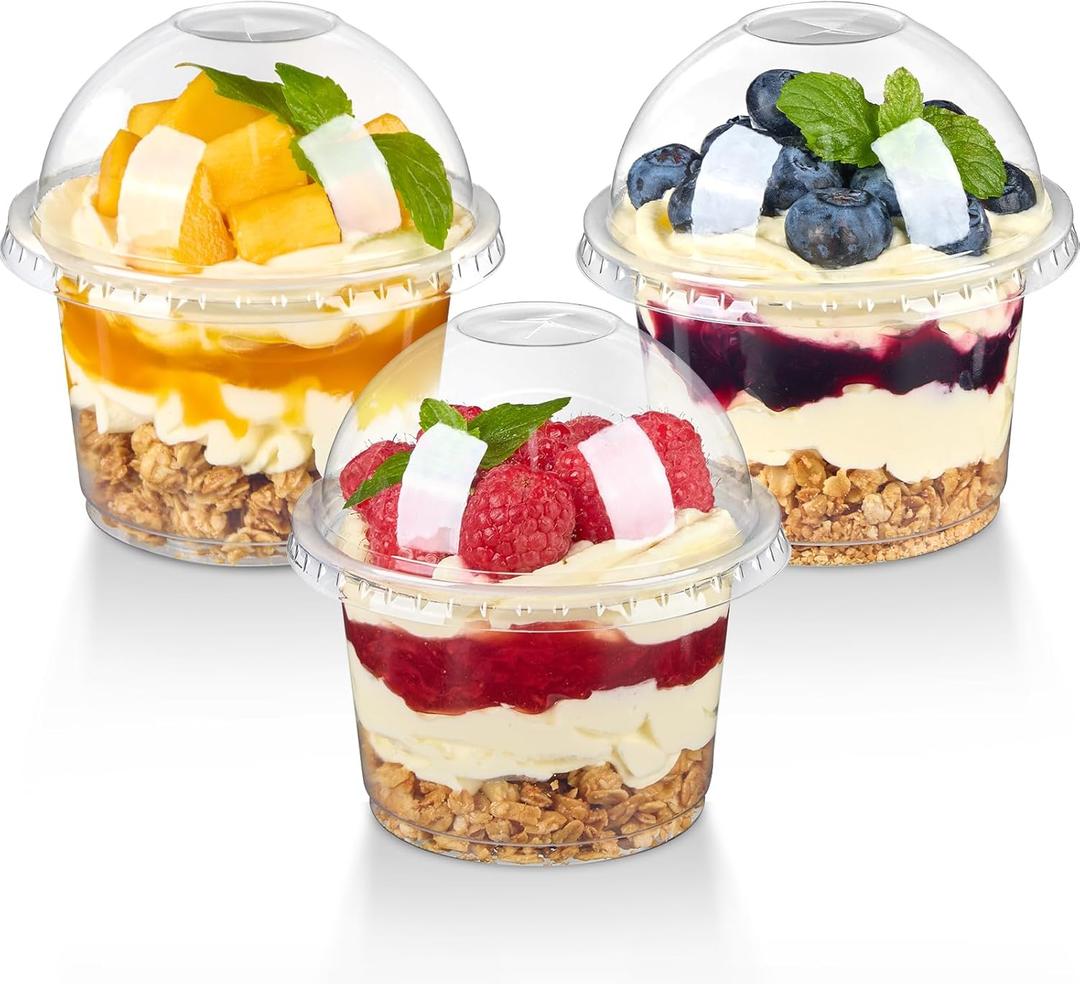 TOFLEN 100 Pack 8 oz Plastic Dessert Cups with Dome Lids, Clear Disposable Yogurt Parfait Cups with Lids, Individual Party Serving Snack Cups for Fruit Dessert Cake Pudding