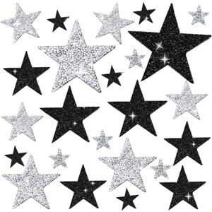 24 Pieces 4 Sizes Iron On Star Patches Adhesive Star Patches Star Shape Rhinestone Appliques Patch DIY Accessory for Clothing Jeans Bags Hats Repair Decoration (Black, Silver)