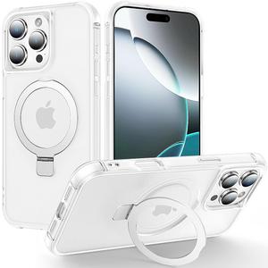 Magnetic Compatible with iPhone 16 Pro Max Case with Stand [Military Grade Drop Tested][Compatible with Magnet] Ring Translucent Slim Hard Back Soft Edge, Frost White