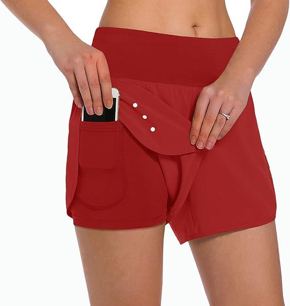 Ksmien Women's 2 in 1 Running Shorts - Lightweight Athletic Workout Gym Yoga Shorts Liner with Phone Pockets (Red, XL)