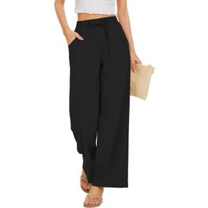 Women Flowy Pants Drawstring Waist Wide Leg Palazzo Beach Pants Loose Fit with Pockets (Medium Short, Black)
