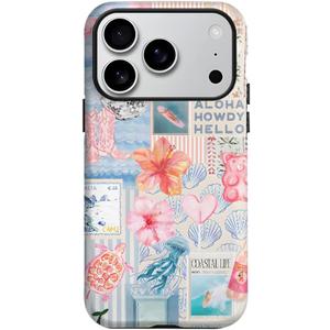 for iPhone 17 Pro Case, Summer Beach Ocean Vintage Seashell Flower Collage Design Cover, Cute Aesthetic Hybrid 2-Layer Hard Shell Shockproof Phone Case for Girls Women 6.3''