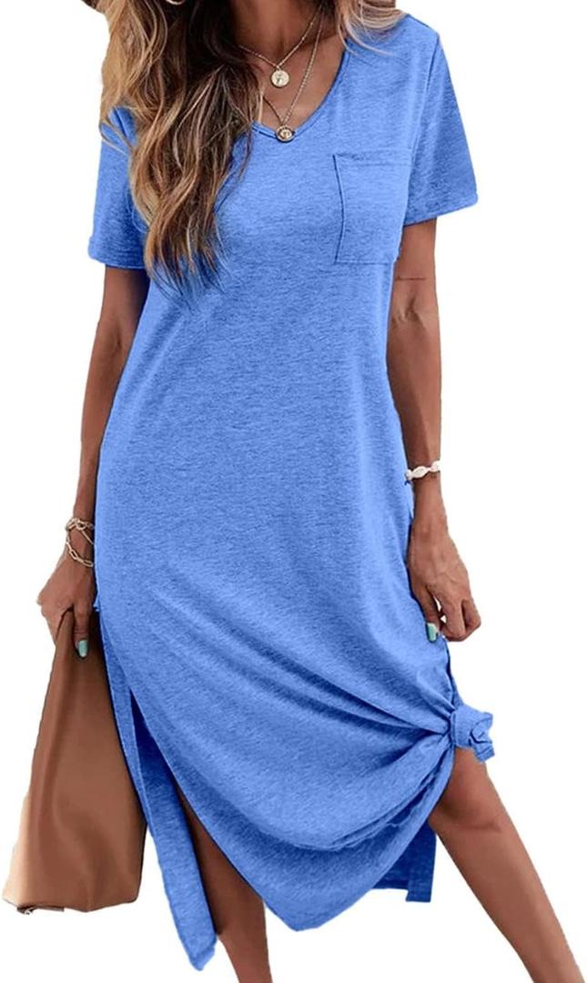 Dyexces Women Summer T Shirt Dress Casual Short Sleeve V Neck Maxi Dresses Loose Side Slit Long Tshirt Dress with Pockets (Medium, Blue)