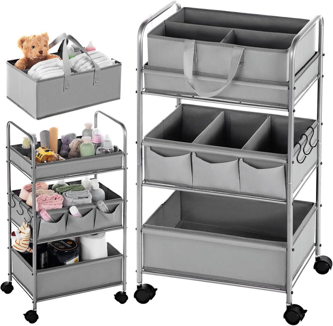 Honeydak 2in1 Baby Diaper Caddy Organizer Cart 3 Tier Large Capacity Metal Utility Bedside Rolling Cart with Divider Newborn Registry Nursery Essential Must Have Crib Bedroom Baby Shower(Gray)