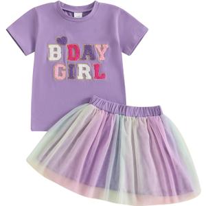 Kayotuas Toddler Baby Girl Birthday Outfit Birthday Girl T Shirt Tutu Tulle Skirts Kids Girls Cake Smash Dress Summer Clothes (6-7 Years, Purple)