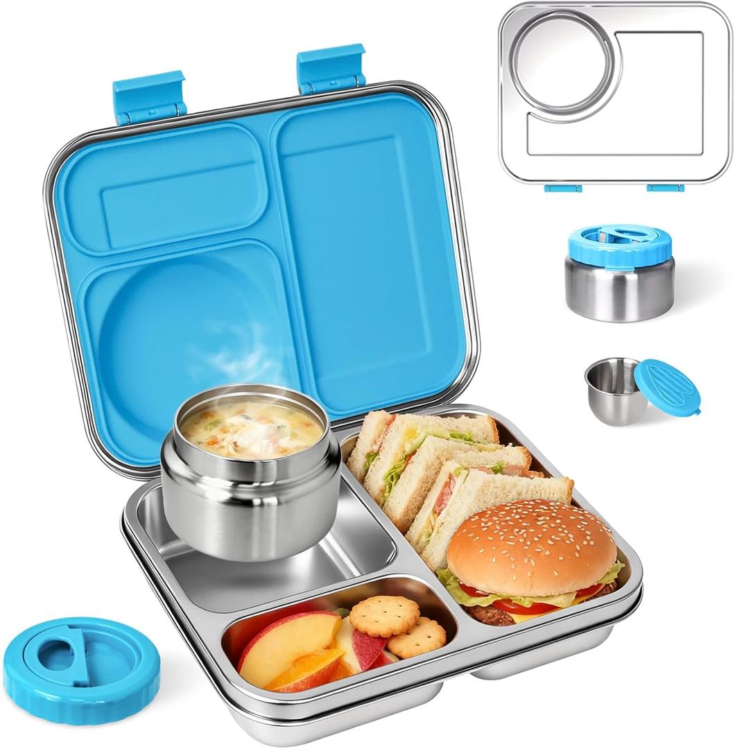 Stainless Steel Bento Lunch Box7+ Older KidsTeens Adult with Insulated Food Jar,Leakproof 3-Compartment,BPA-Free, Eco-Friendly,Dishwasher Safe, Large-Capacity Box, School,Office,Travel Blue)