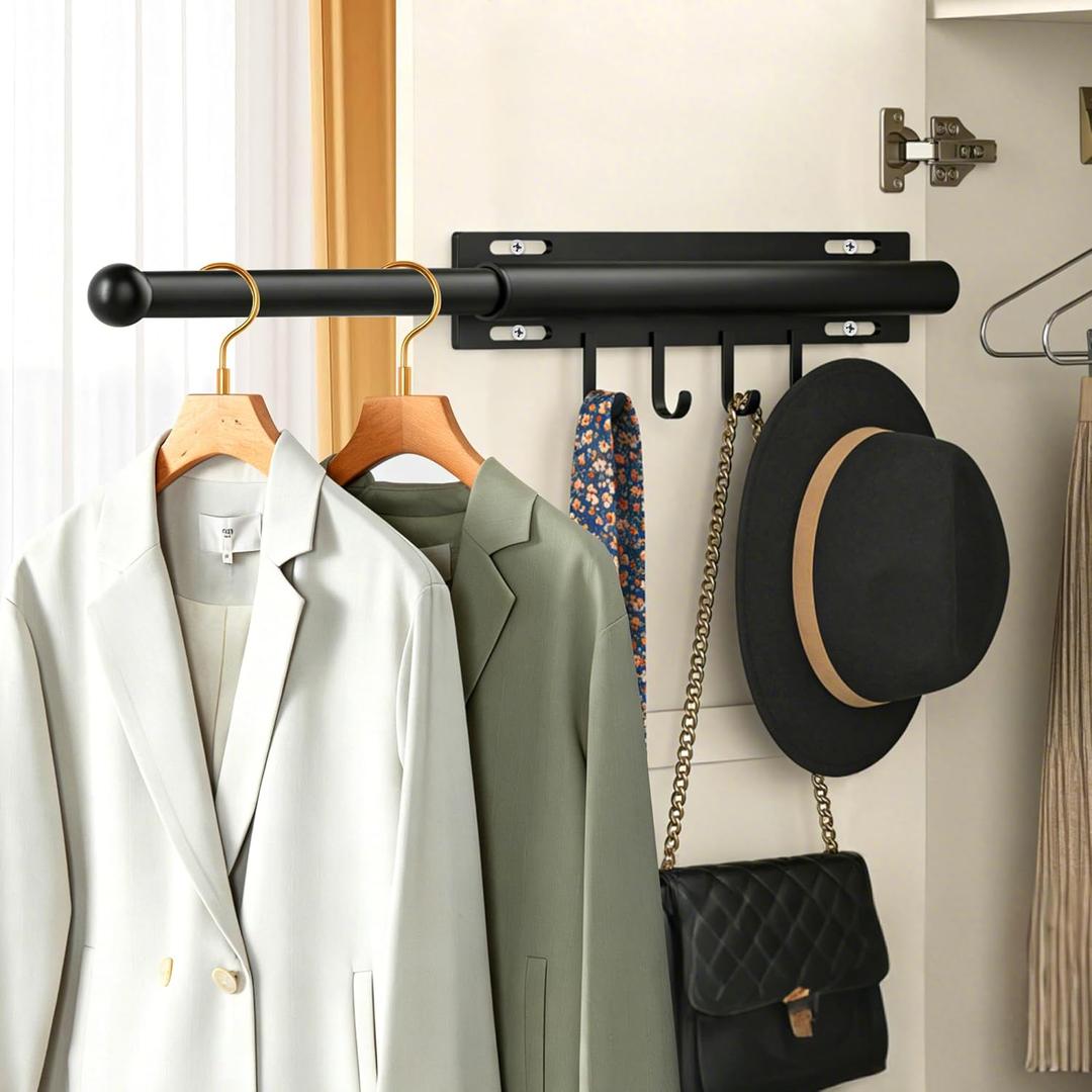 Valet Rod for Closet Retractable with 4 Hooks, 13.4"-23.2" Pull Out Clothes Hanger Rail, Heavy Duty Alloy Steel Side Mount Wardrobe Bar, Adjustable Organizer for Laundry, Bathroom, Entrance (Black)