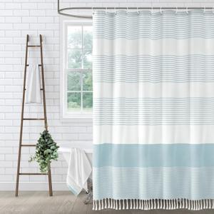 Aqua Blue Shower Curtain Cotton Coastal Ocean Striped Shower Curtains for Bathroom with Tassel 72 X 72