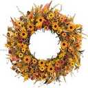 Fall Front Door Wreath,24” Artificial Floral Wreath with Colorful Daisies and Autumn Foliage Fall Orange Wreath for Front Door Wall Window and Thanksgiving Decor
