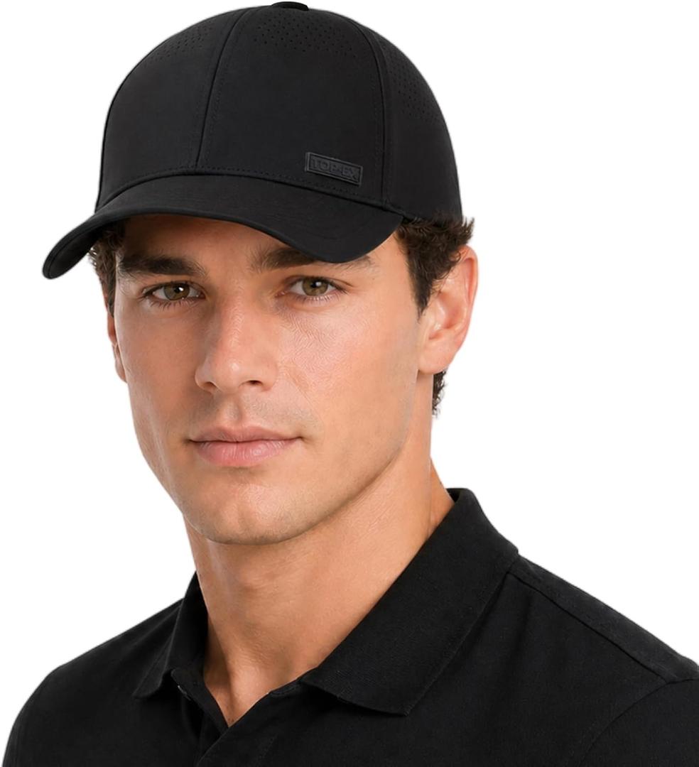 TOP-EX Performance Baseball Cap Water-Resistant Beathable Golf Running Cap Laser Cut Mesh Ball Curved Brim Snapback Hat (Black, M)